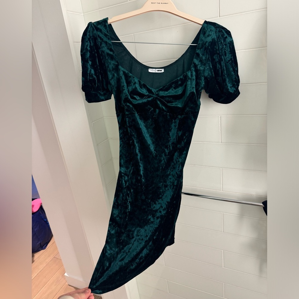 Forest green crushed velvet mini dress